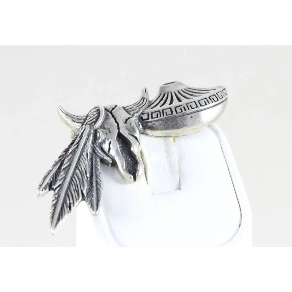 Vintage Sterling Silver Western Pin Brooch Steer Feather and Bowl - Picture 2 of 5